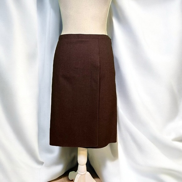 NWT Nina Ricci Chocolate Brown / Burgundy Wool Faux Wrap Pencil Skirt Size 38 4